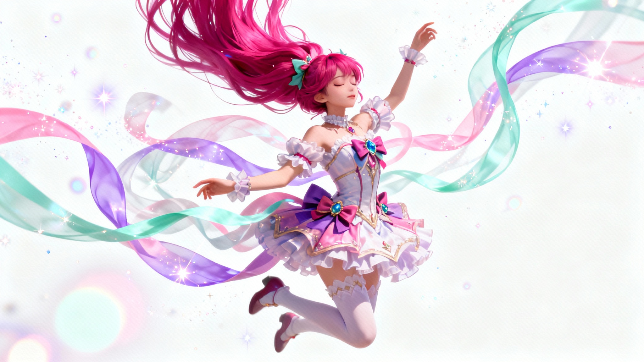 A beautiful anime-style magical girl with vibrant pink hair is shown mid-transformation against a clean white background, surrounded by swirling ribbons of light and sparkles.