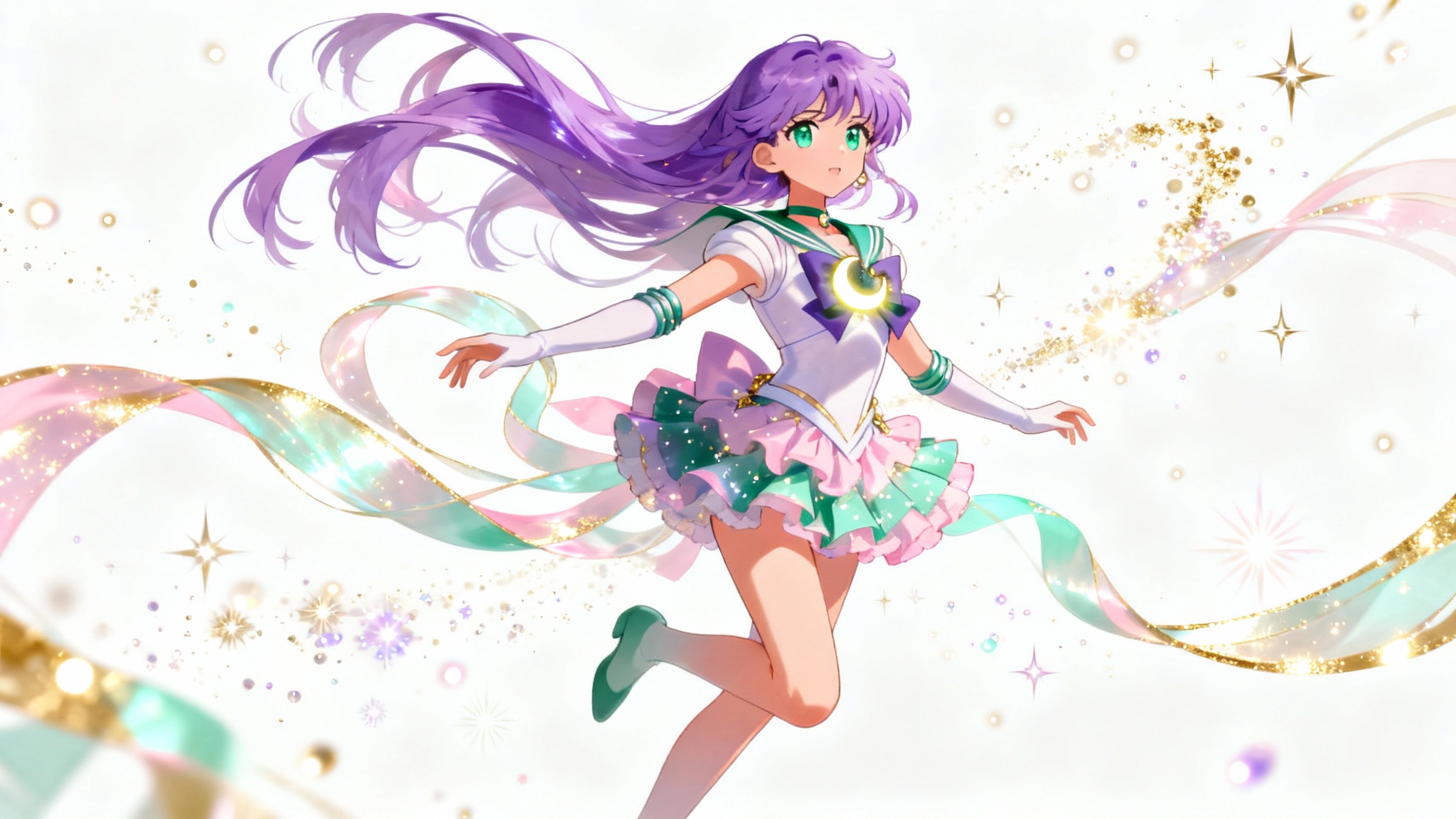 An anime-style digital illustration of a teenage girl with lavender hair transforming into a magical girl, surrounded by swirling ribbons of light and sparkles against a plain white background.