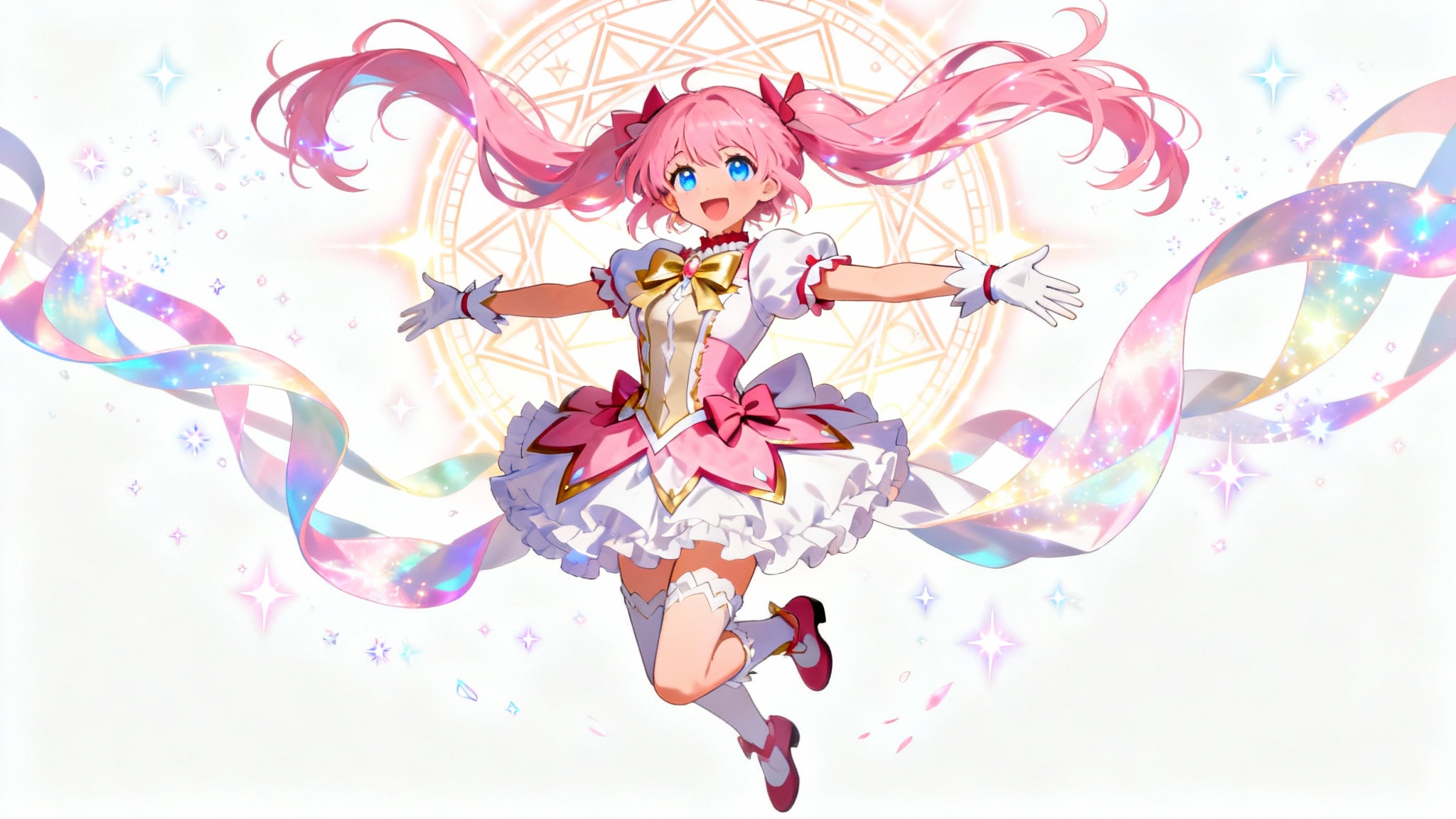 An anime-style magical girl with pink hair floats in the air, surrounded by swirling lights and sparkles, as she transforms into her magical outfit against a white background.