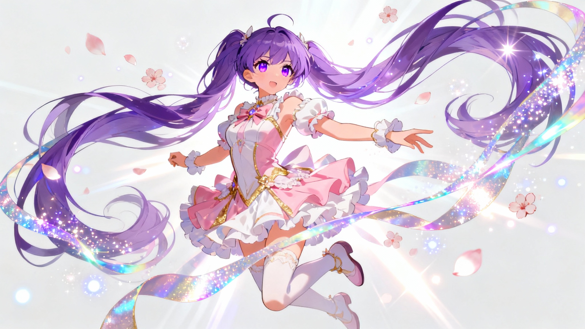 An anime-style magical girl with long lavender hair floating mid-air during her magical transformation, surrounded by swirling ribbons of light and sparkles against a white background.