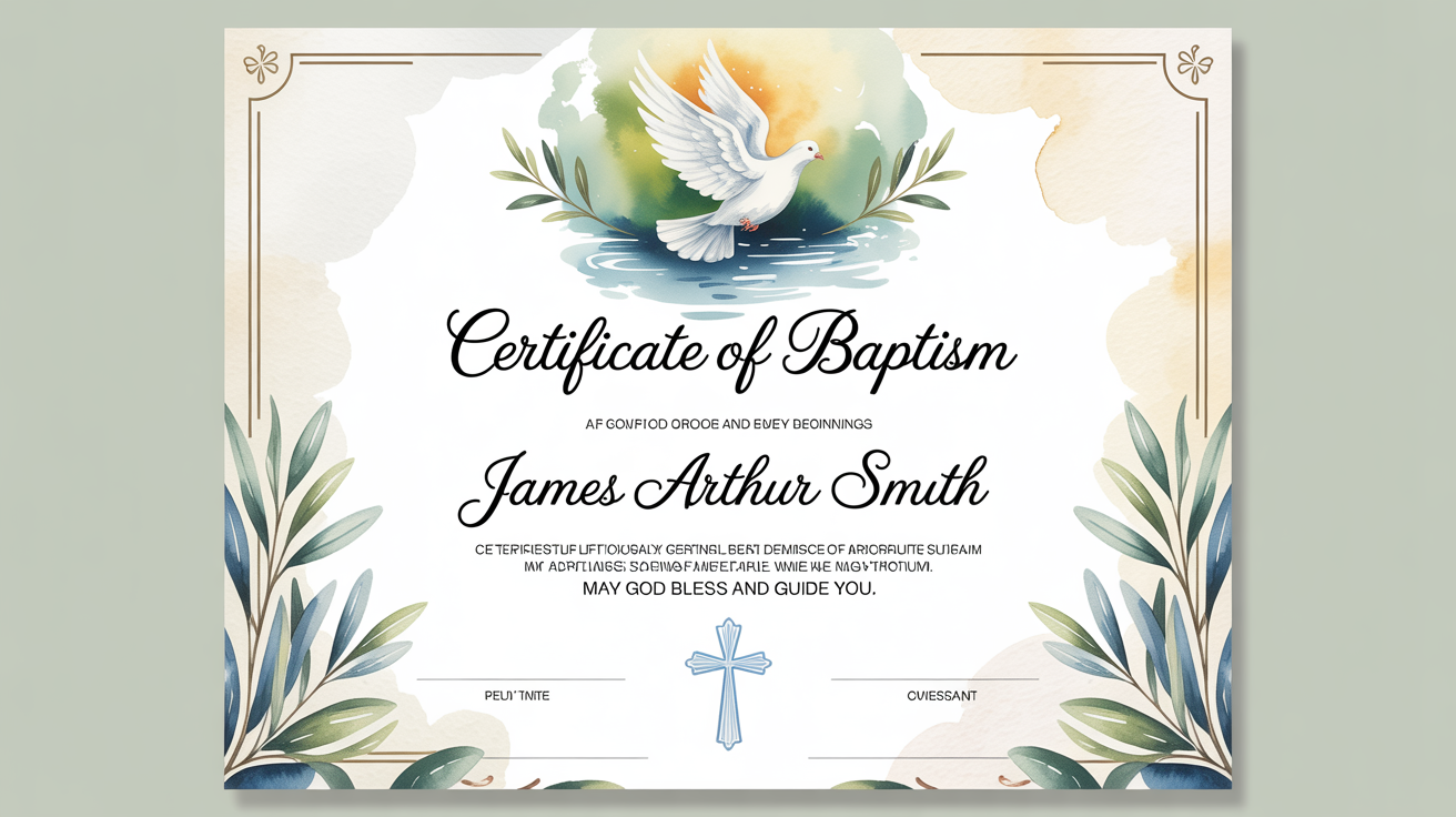 A final, professionally designed baptism certificate for James Arthur Smith, featuring elegant fonts and watercolor illustrations of a dove and a cross, all on a clean white background.