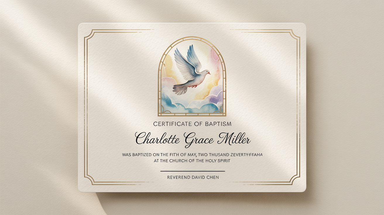 An elegant mockup of a baptism certificate lying on a white surface. The certificate has a gold foil border, classic typography, and features placeholder text for a name, date, and location.