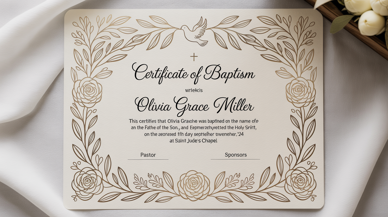 An elegant, professionally designed baptism certificate mockup with gold foil details and classic typography, set against a plain white background.
