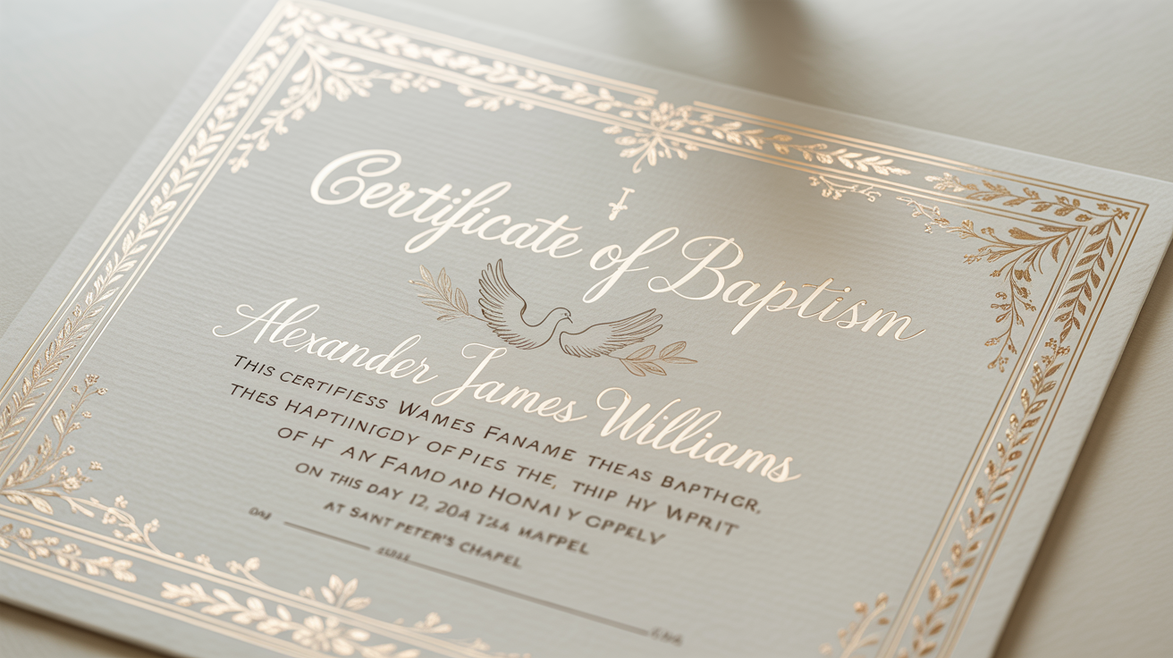 An elegant, classic baptism certificate for 'Alexander James Williams' with a gold filigree border and calligraphic script, displayed on a clean white background.