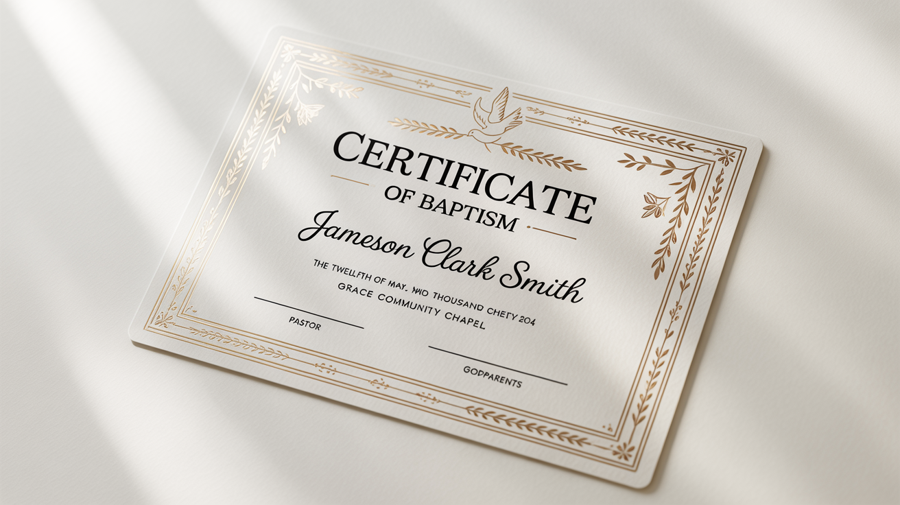 An elegant baptism certificate for 'Jameson Clark Smith' featuring gold foil borders and classic typography, shown as a mockup on a clean white background.