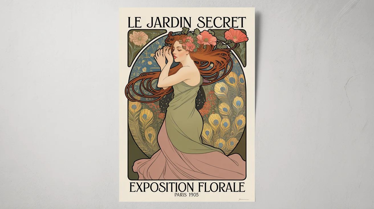 A stunning Art Nouveau poster mockup on a white background. It features an elegant woman with flowing hair, surrounded by intricate floral and peacock feather designs, with the text 'Le Jardin Secret' and 'Exposition Florale'.