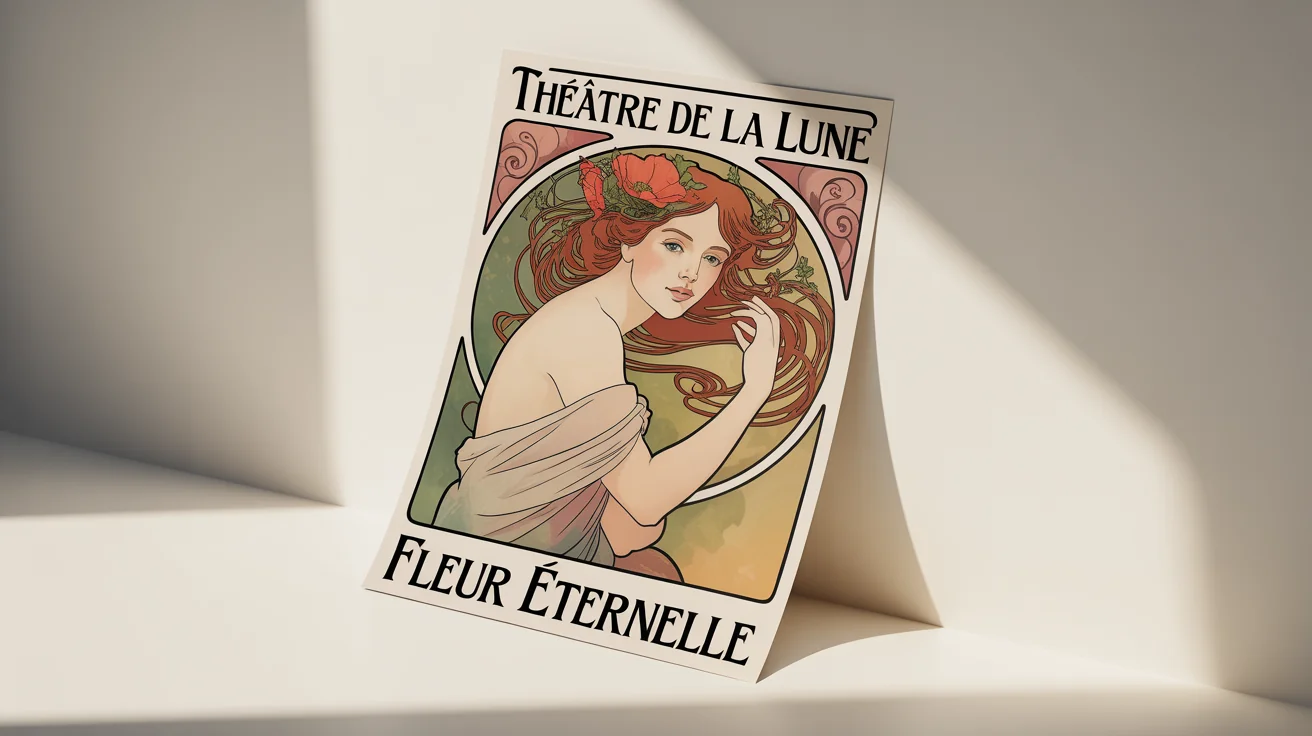 A mockup of an Art Nouveau poster featuring a woman with flowing hair and flowers, with the text 'Théâtre de la Lune' and 'Fleur Éternelle', set against a white background.
