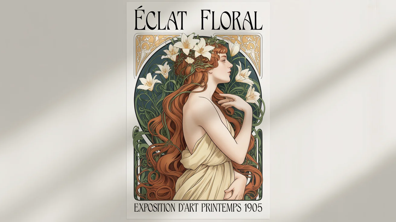An elegant Art Nouveau poster mockup for a fictional floral art exhibition called 'Éclat Floral', featuring a woman surrounded by flowers and vines on a white background.