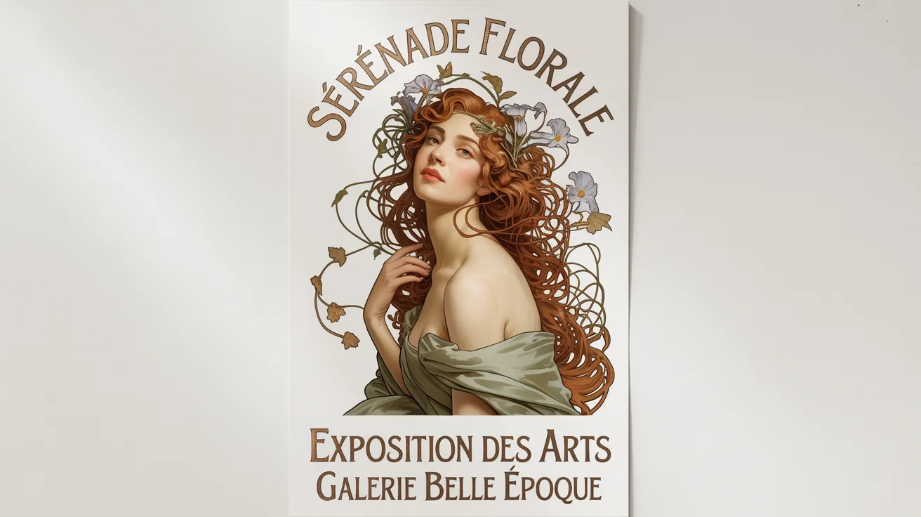 A mockup of an Art Nouveau poster on a white background. It features an elegant woman with flowing hair and irises, with stylized text reading 'Sérénade Florale' and 'Exposition des Arts'.