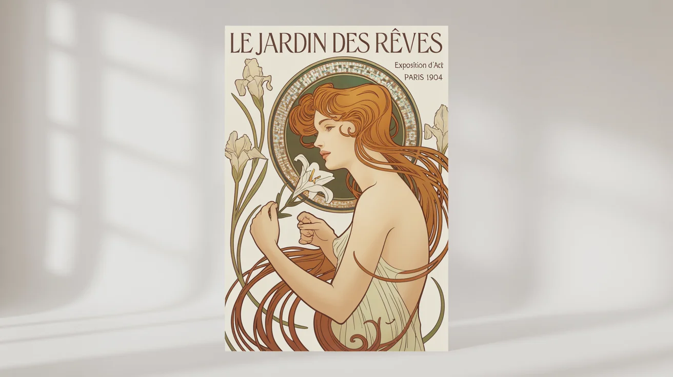 An elegant Art Nouveau poster mockup featuring a woman with flowing hair and a lily, with text that reads 'Le Jardin des Rêves, Exposition d'Art, Paris 1904'.