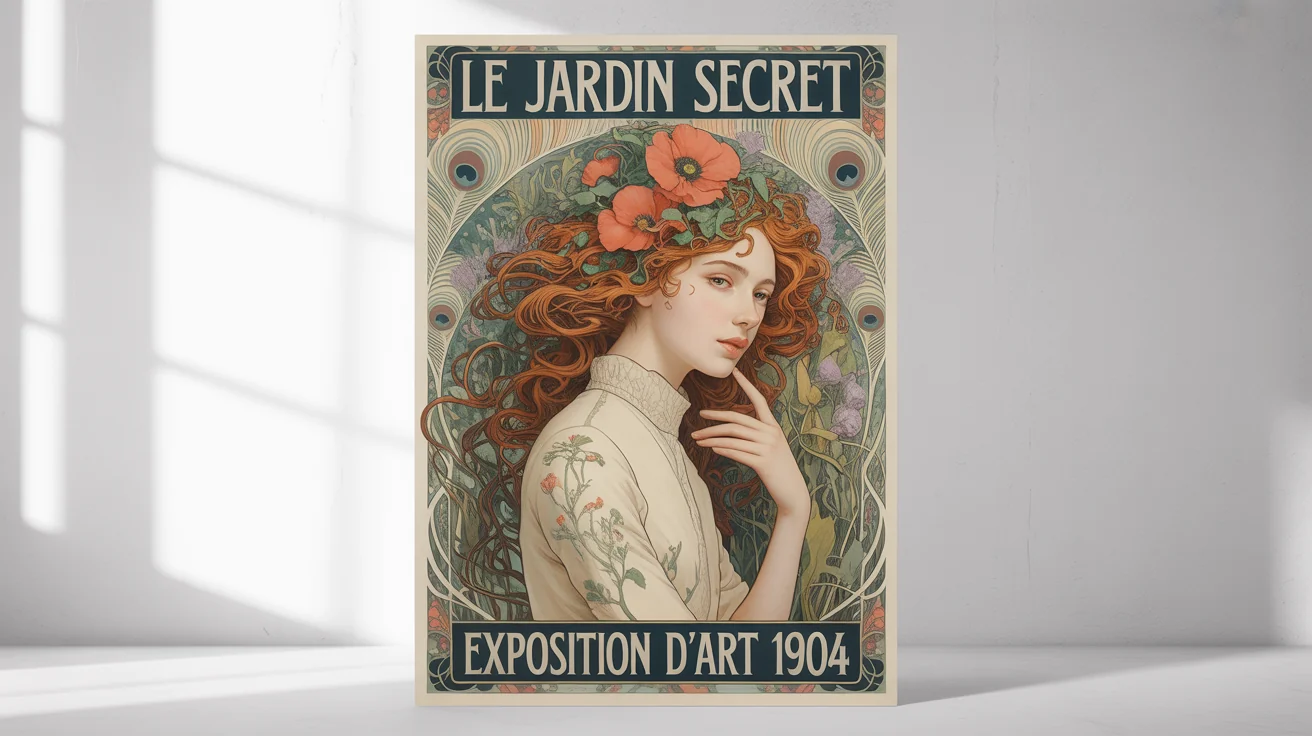 A mockup of an Art Nouveau poster featuring a beautiful woman with flowing hair and flowers, set against a white background. The poster has text that reads 'Le Jardin Secret' and 'Exposition d'Art 1904'.