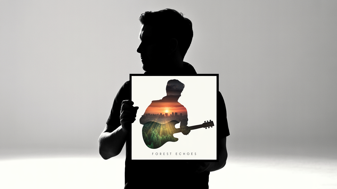 A professional mockup of a finished album cover titled 'FOREST ECHOES' by 'AURORA PEAK'. The art features a double exposure effect, with a musician's silhouette filled with a forest scene, set against a vibrant sunset.