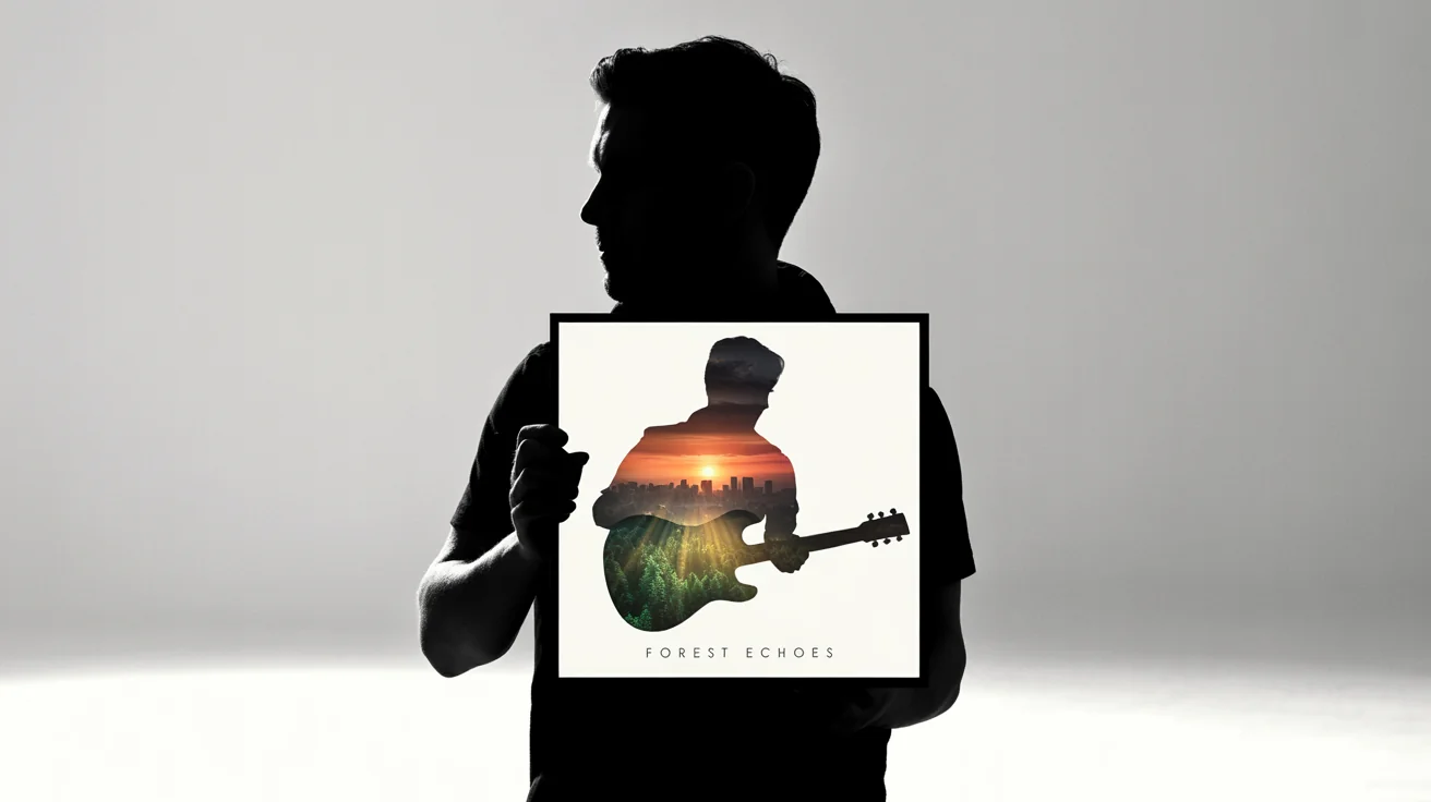 A professional mockup of a finished album cover titled 'FOREST ECHOES' by 'AURORA PEAK'. The art features a double exposure effect, with a musician's silhouette filled with a forest scene, set against a vibrant sunset.