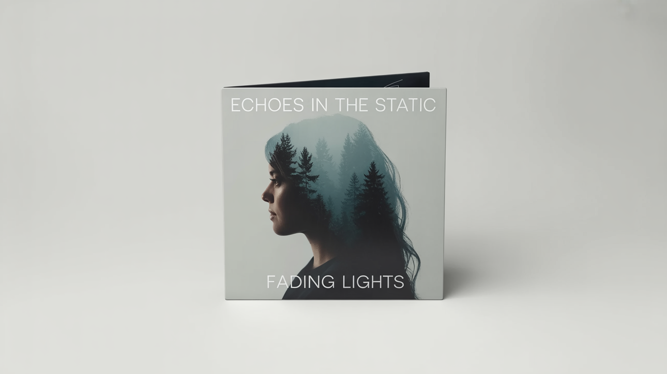 A mockup of a square album cover with a double exposure effect. The silhouette of a woman's profile is filled with an image of a misty forest. The text reads 'Echoes in the Static' and 'Fading Lights'.