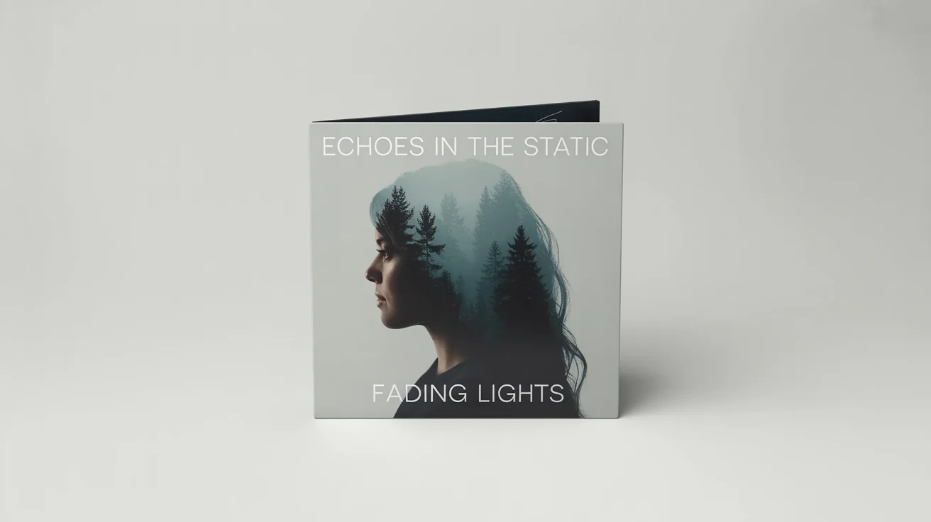 A mockup of a square album cover with a double exposure effect. The silhouette of a woman's profile is filled with an image of a misty forest. The text reads 'Echoes in the Static' and 'Fading Lights'.