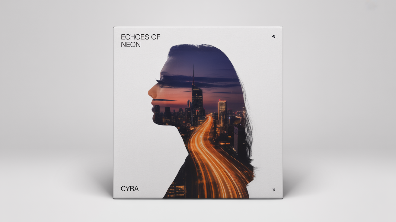 A mockup of a double exposure album cover. It shows the silhouette of a woman's head filled with a glowing cityscape at dusk. The album is titled 'Echoes of Neon' by the artist 'Cyra'.