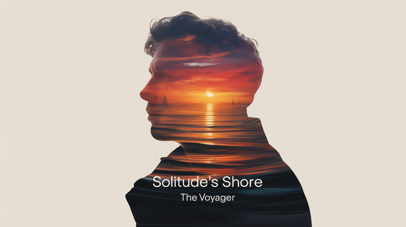 A mockup of a square album cover featuring a double exposure effect. A silhouette of a man's profile is filled with a vibrant sunset over the ocean. The album is titled 'SOLITUDE'S SHORE' by 'THE VOYAGER'.