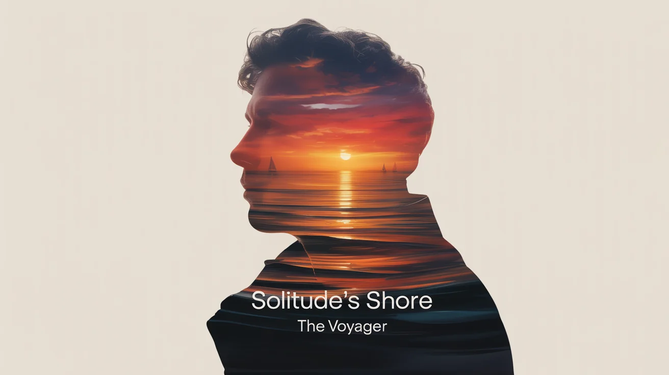 A mockup of a square album cover featuring a double exposure effect. A silhouette of a man's profile is filled with a vibrant sunset over the ocean. The album is titled 'SOLITUDE'S SHORE' by 'THE VOYAGER'.
