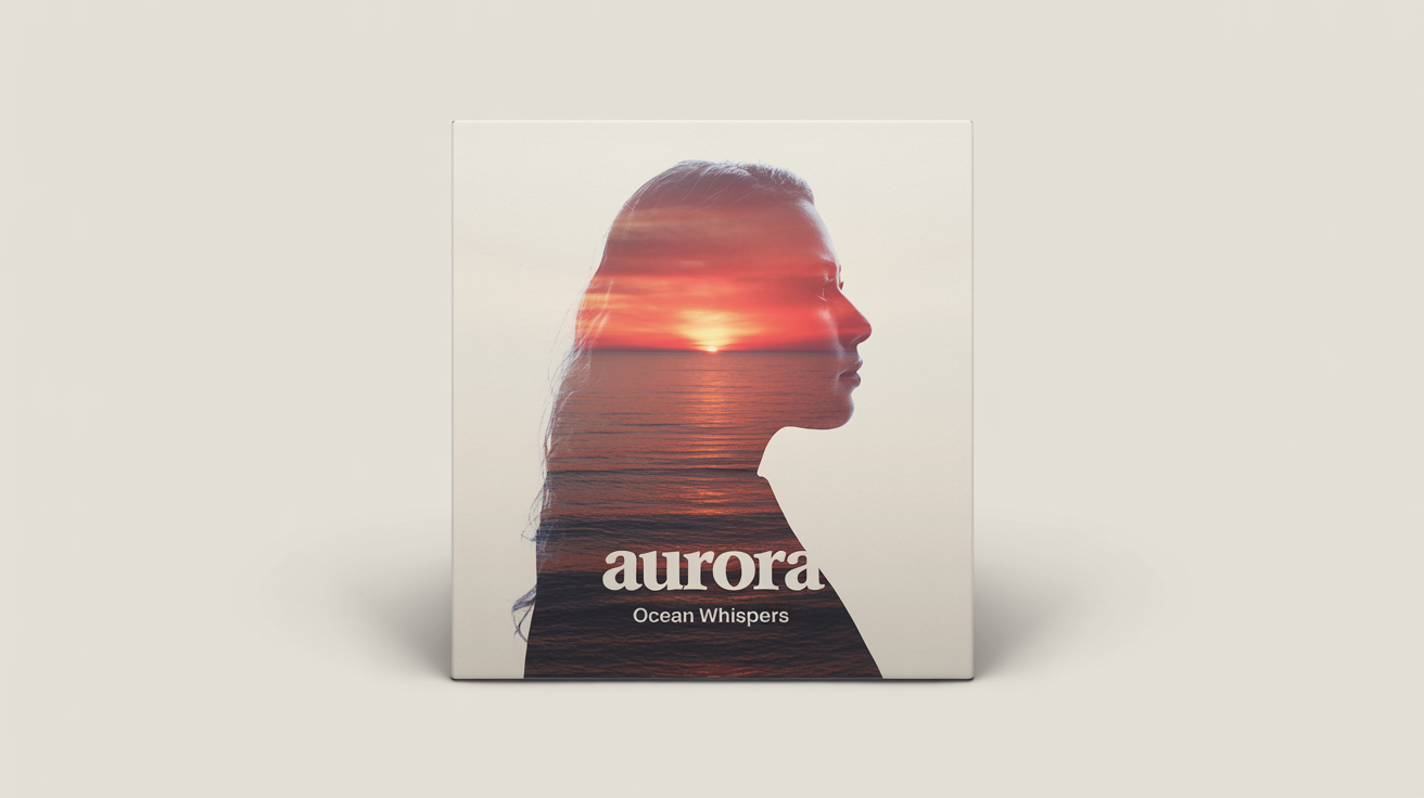 A mockup of a square album cover with a double exposure design. It shows a woman's silhouette filled with an image of an ocean sunset. The text reads 'AURORA' and 'OCEAN WHISPERS'.
