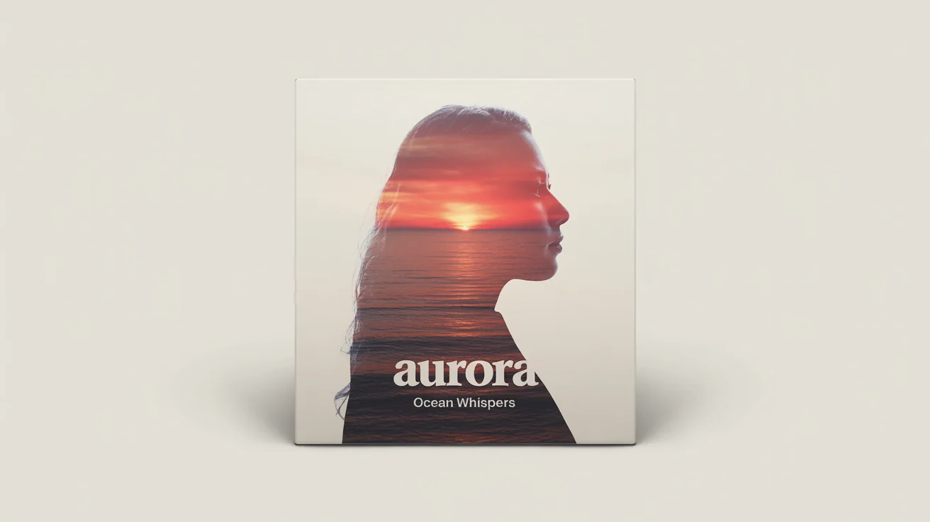 A mockup of a square album cover with a double exposure design. It shows a woman's silhouette filled with an image of an ocean sunset. The text reads 'AURORA' and 'OCEAN WHISPERS'.