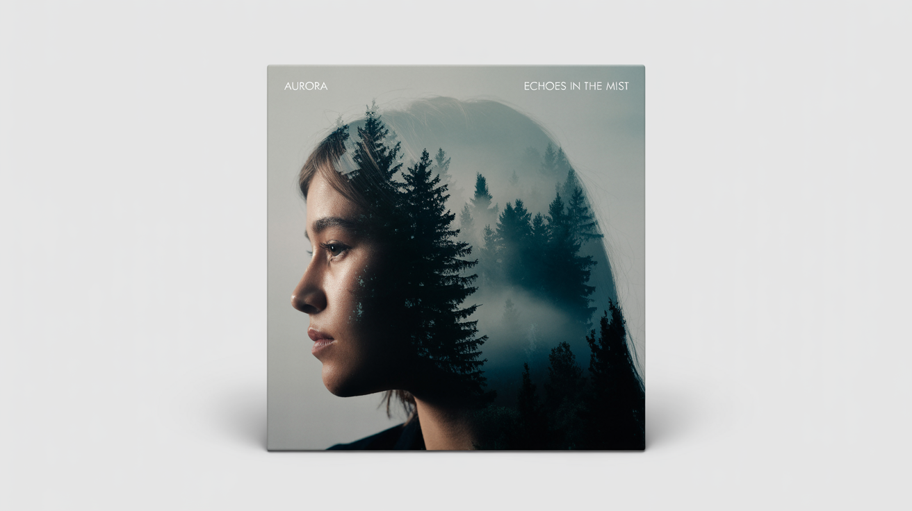 A mockup of a vinyl album cover with a double exposure design. The cover shows a woman's silhouette filled with a misty pine forest scene, with the artist name 'AURORA' and album title 'ECHOES IN THE MIST'.