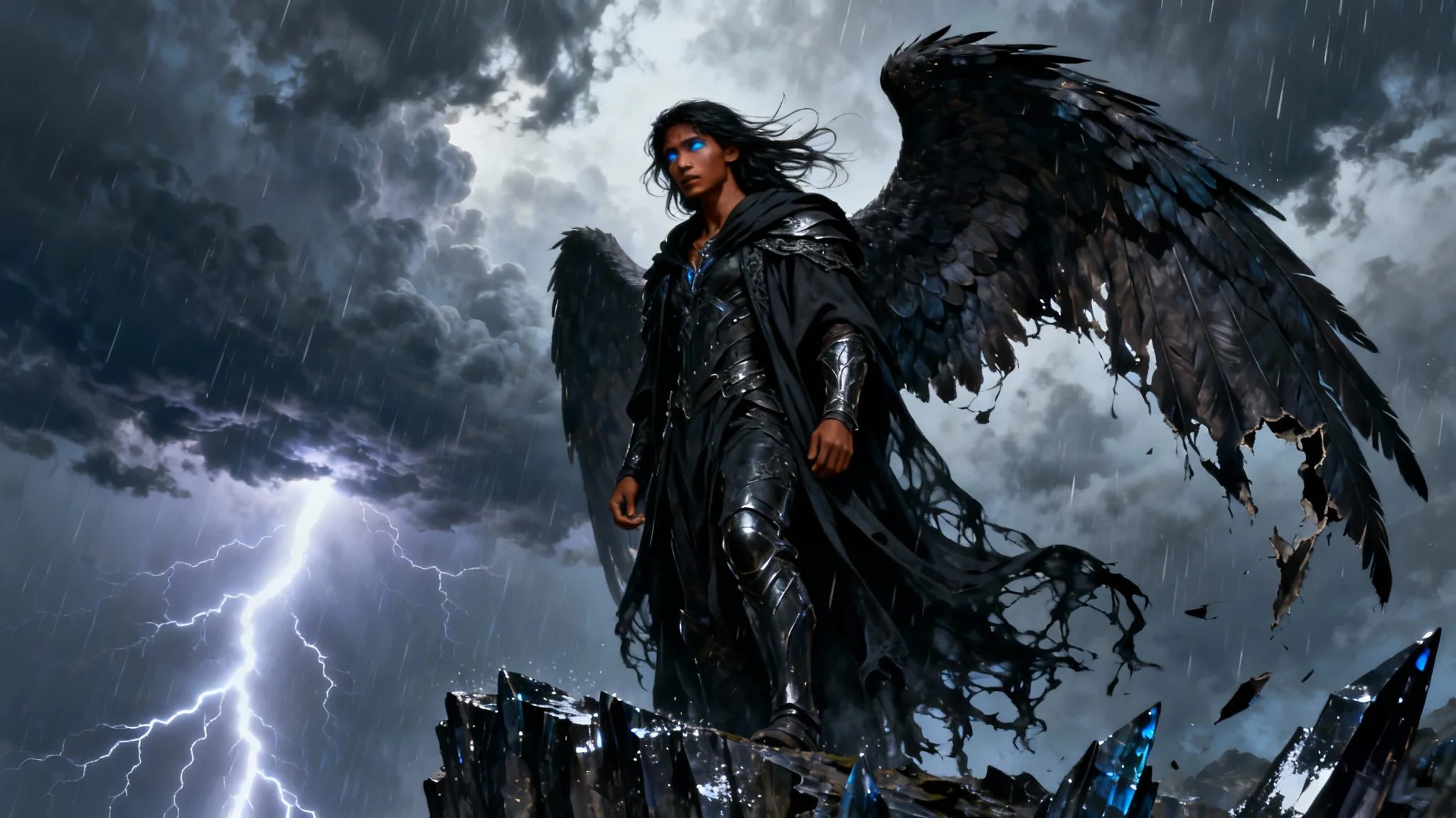 A hyper-realistic, cinematic depiction of a fallen angel with brown skin and glowing blue eyes, standing on a cliff during a storm. One of their large, feathered wings is torn, and dramatic lighting illuminates them.
