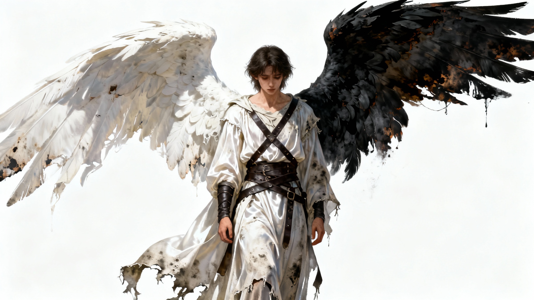 A full-body character design of a melancholic fallen angel with large, partially blackened wings and tattered white robes, standing against a plain white background.
