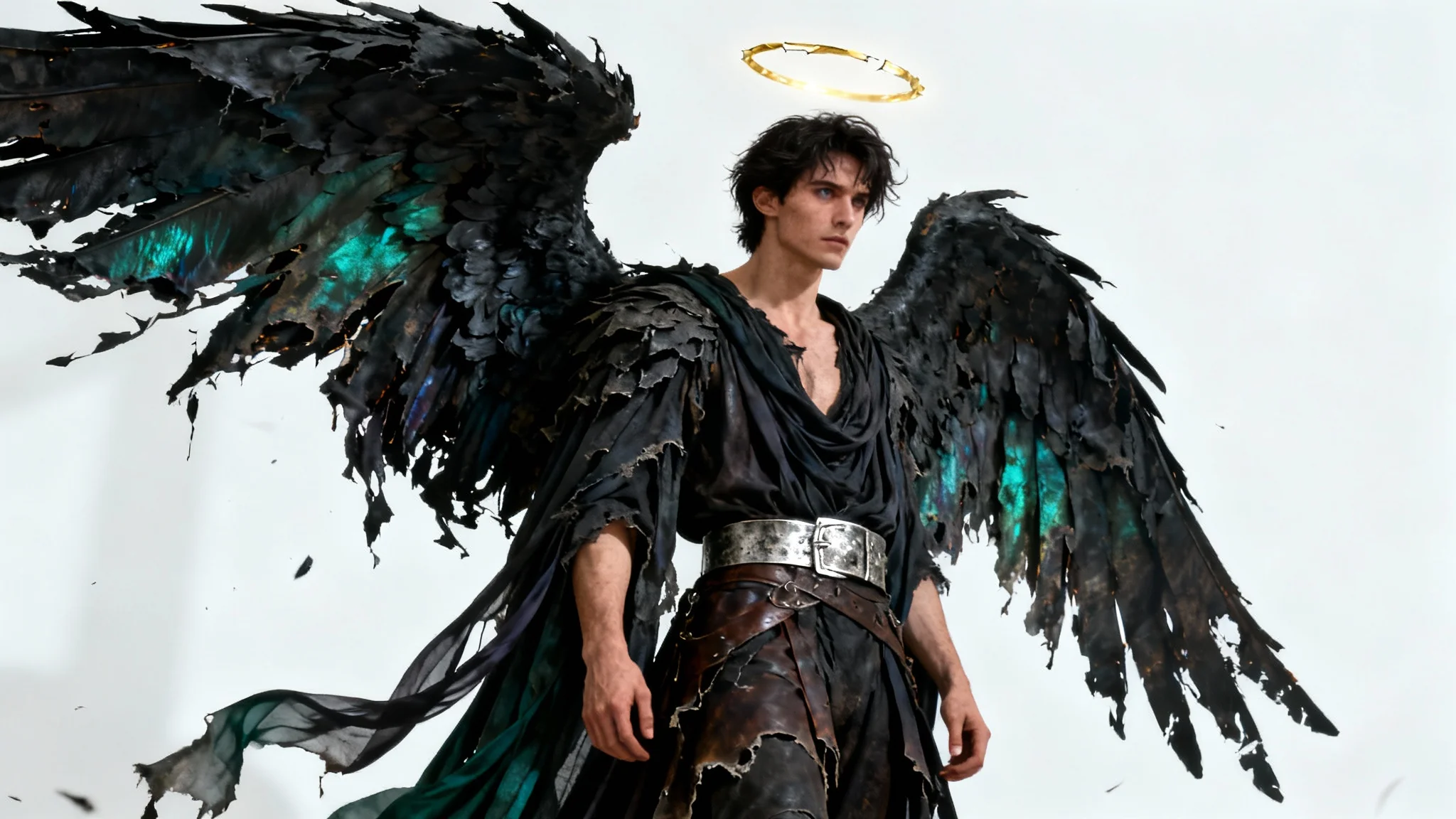 A full-body character design of a male fallen angel with large, tattered black wings and a broken halo, standing against a plain white background in a sorrowful pose.
