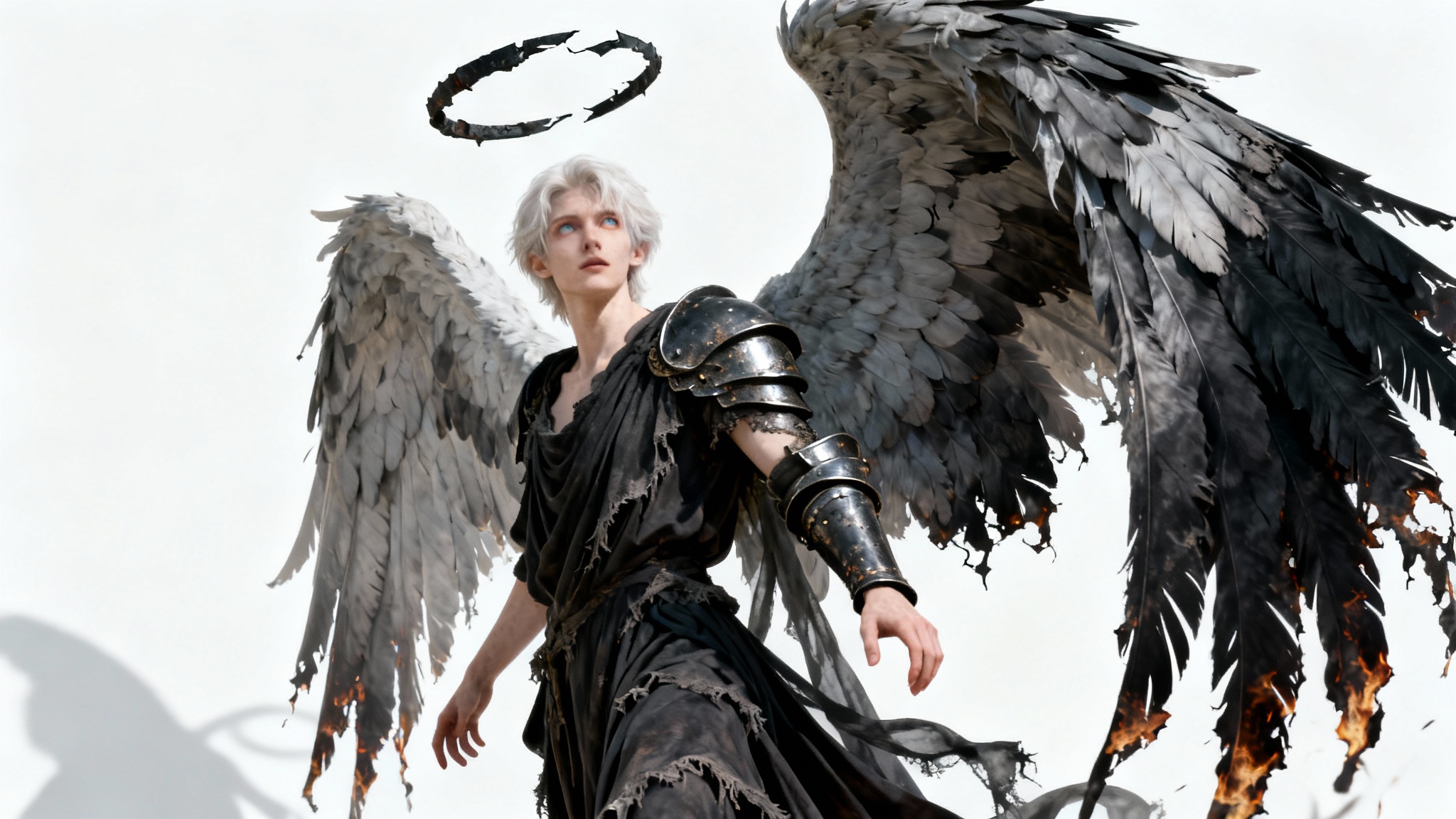 A photorealistic character design of a fallen angel with large, tattered black wings and a broken halo, posing dramatically against a plain white background.