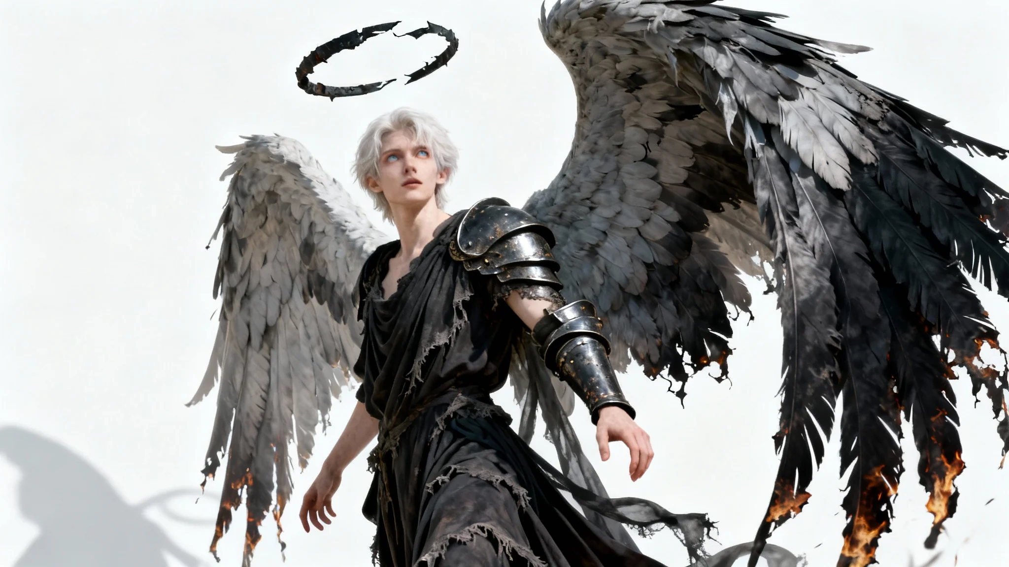 A photorealistic character design of a fallen angel with large, tattered black wings and a broken halo, posing dramatically against a plain white background.