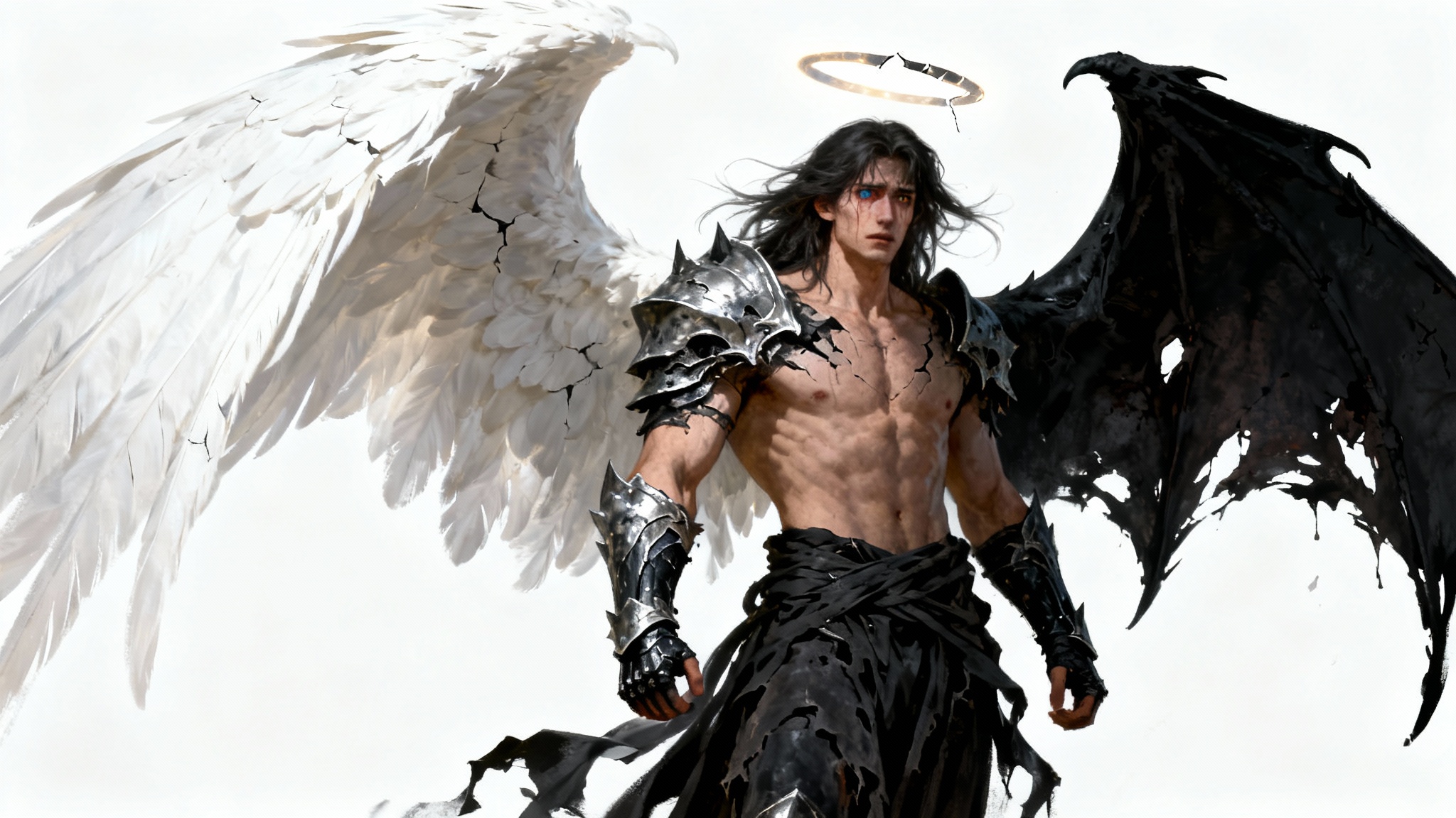 A full-body concept art illustration of a male fallen angel with one white feathered wing and one black leathery wing, wearing broken armor and standing against a plain white background.