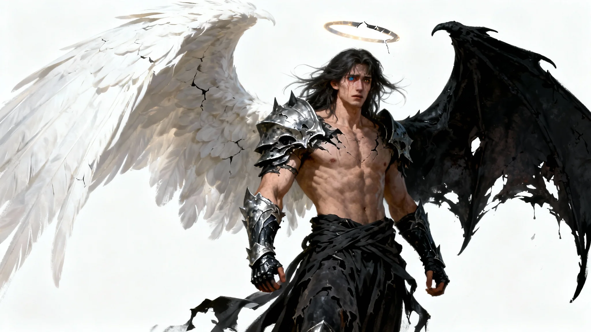 A full-body concept art illustration of a male fallen angel with one white feathered wing and one black leathery wing, wearing broken armor and standing against a plain white background.