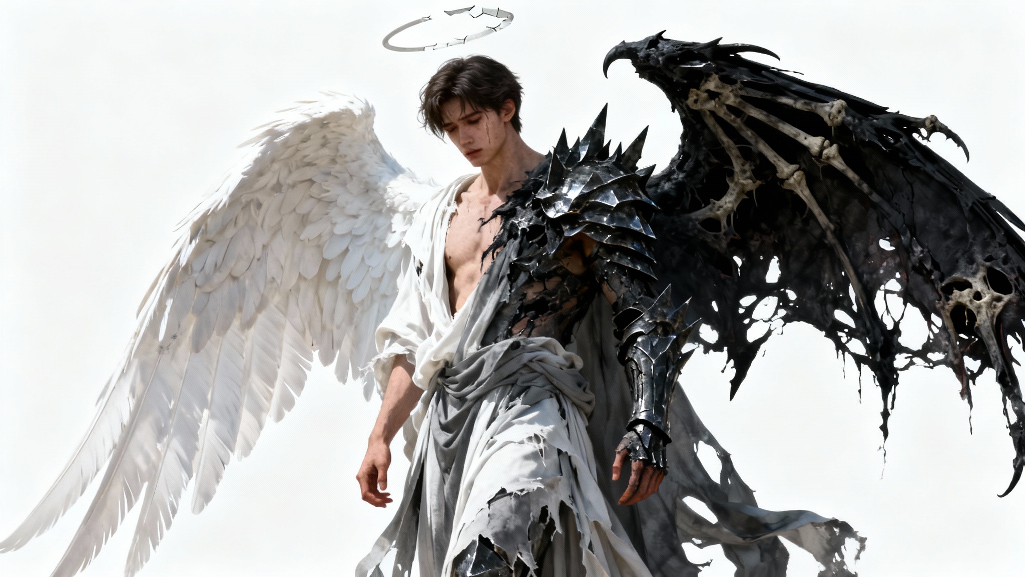 A full-body character design of a fallen angel on a white background, featuring one pristine white wing and one tattered black wing, conveying a sense of tragic beauty and corruption.