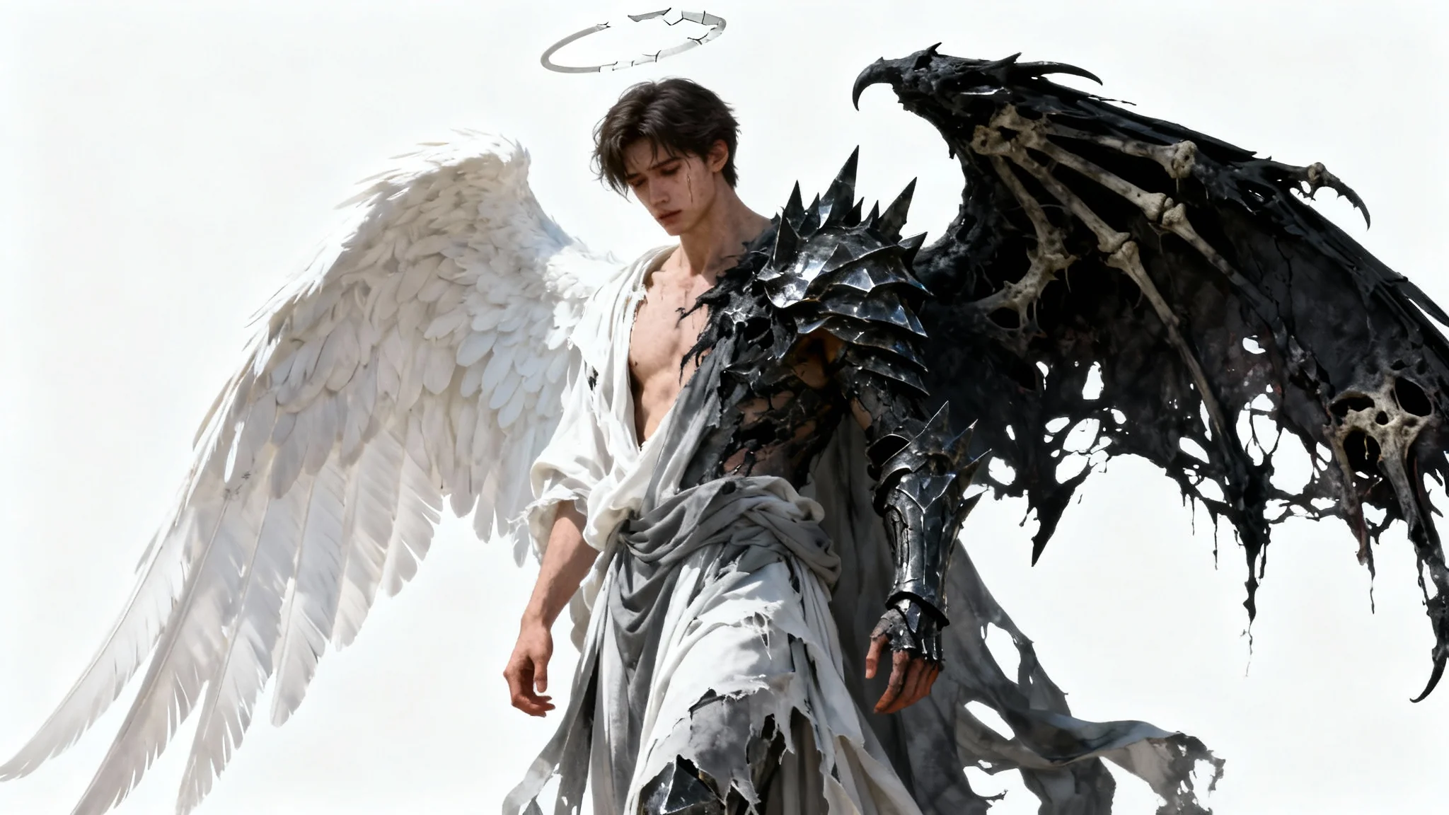 A full-body character design of a fallen angel on a white background, featuring one pristine white wing and one tattered black wing, conveying a sense of tragic beauty and corruption.