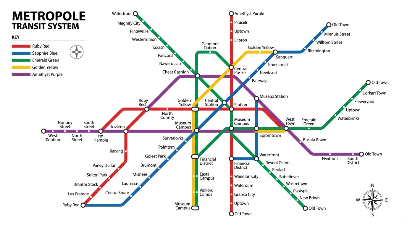 A professionally designed, modern subway map of a fictional city, shown as a finished product. It features vibrant, color-coded lines, clear station markers, and legible text on a clean white background.