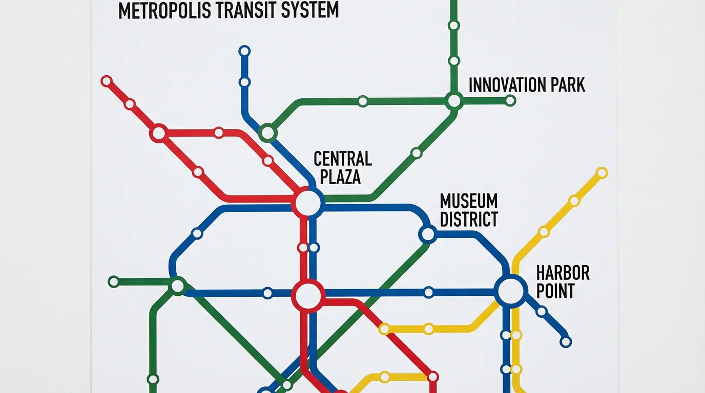 A clean and modern mockup of a subway map for the fictional city of 'Metropolis', featuring colorful, intersecting lines and clear station names on a white background.