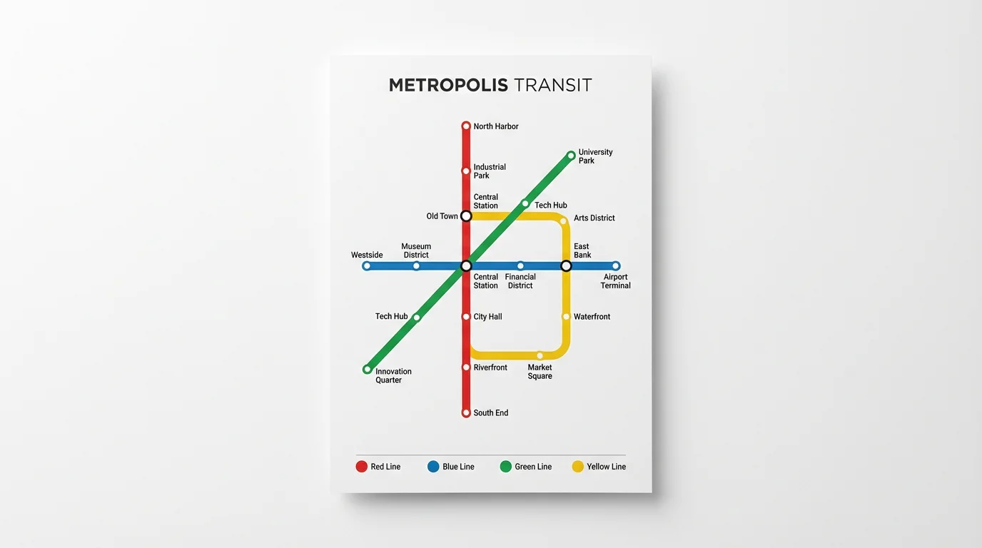 A mockup of a modern, minimalist subway map for the fictional 'Metropolis Transit System', displayed on a clean white background.