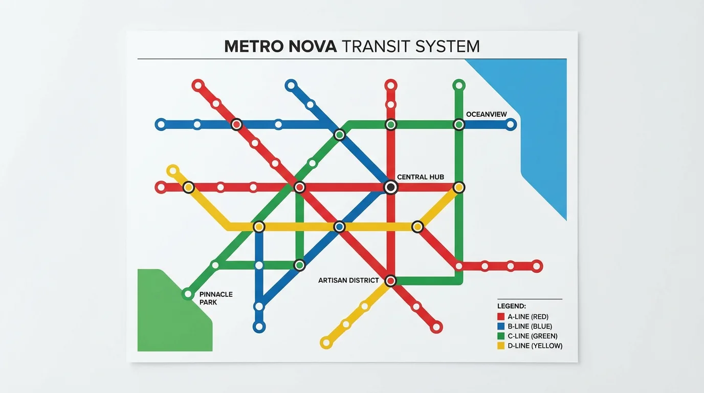 A clean and modern mockup of a subway map for a fictional city called 'Metro Nova', featuring brightly colored, intersecting transit lines and clear station labels on a solid white background.