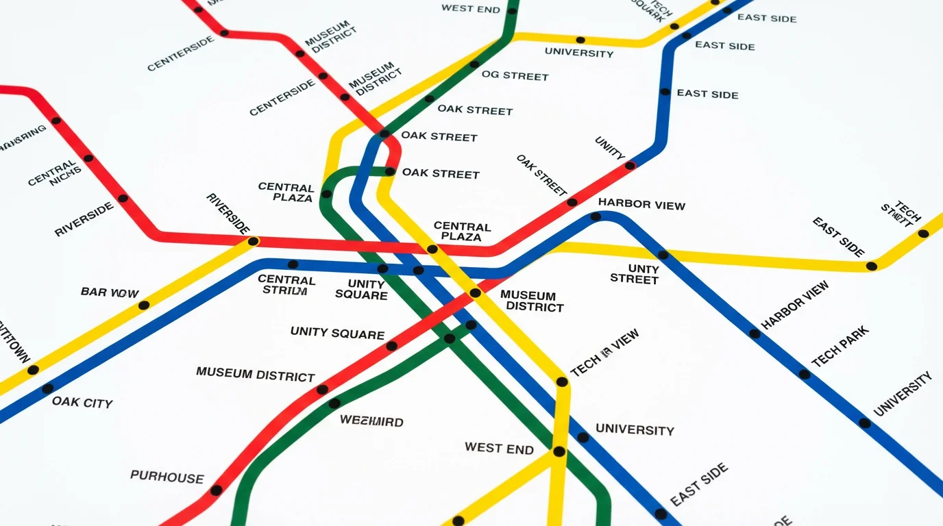 A modern and minimalist mockup of a subway map, featuring clean, intersecting colored lines and fictional station names on a bright white background.