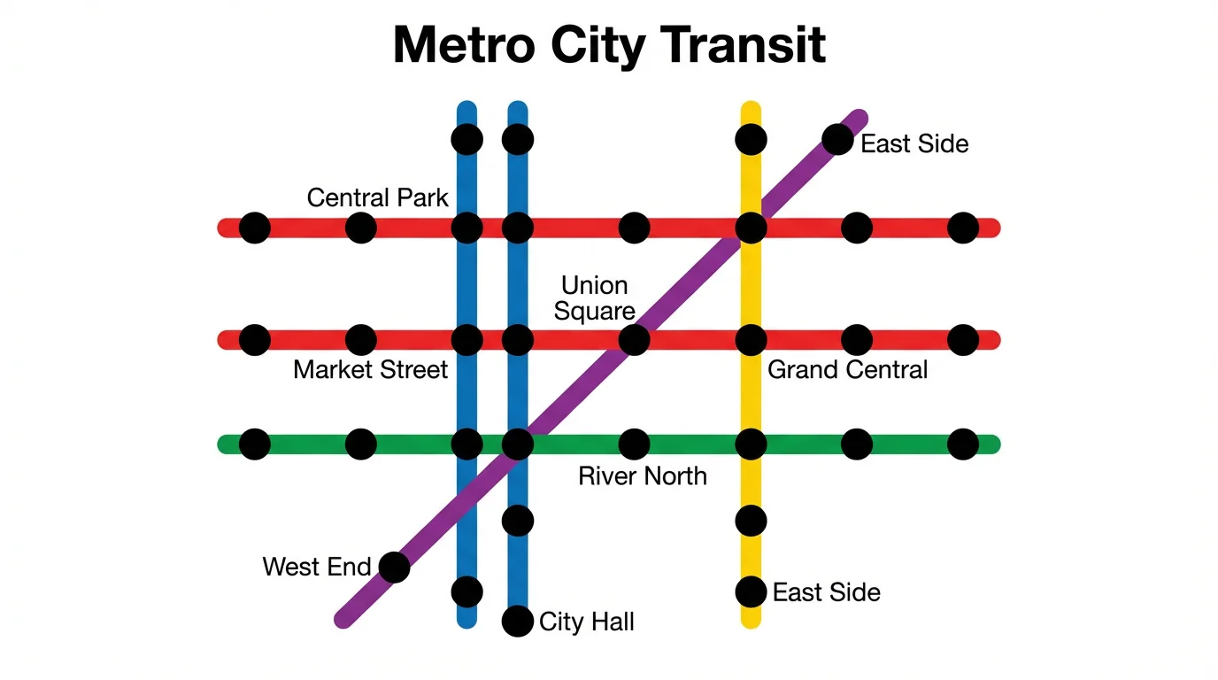 A modern, minimalist subway map for the fictional 'Metro City Transit', showing colorful intersecting lines and stations on a clean white background.