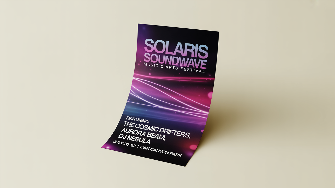 A professionally designed hero image showcasing a vibrant music festival flyer for an event called 'Solaris Soundwave', displayed on a clean, minimal background.