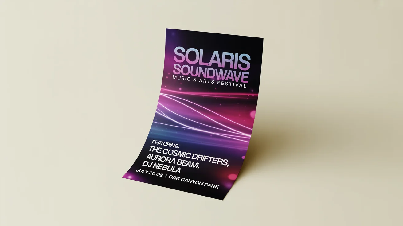 A professionally designed hero image showcasing a vibrant music festival flyer for an event called 'Solaris Soundwave', displayed on a clean, minimal background.