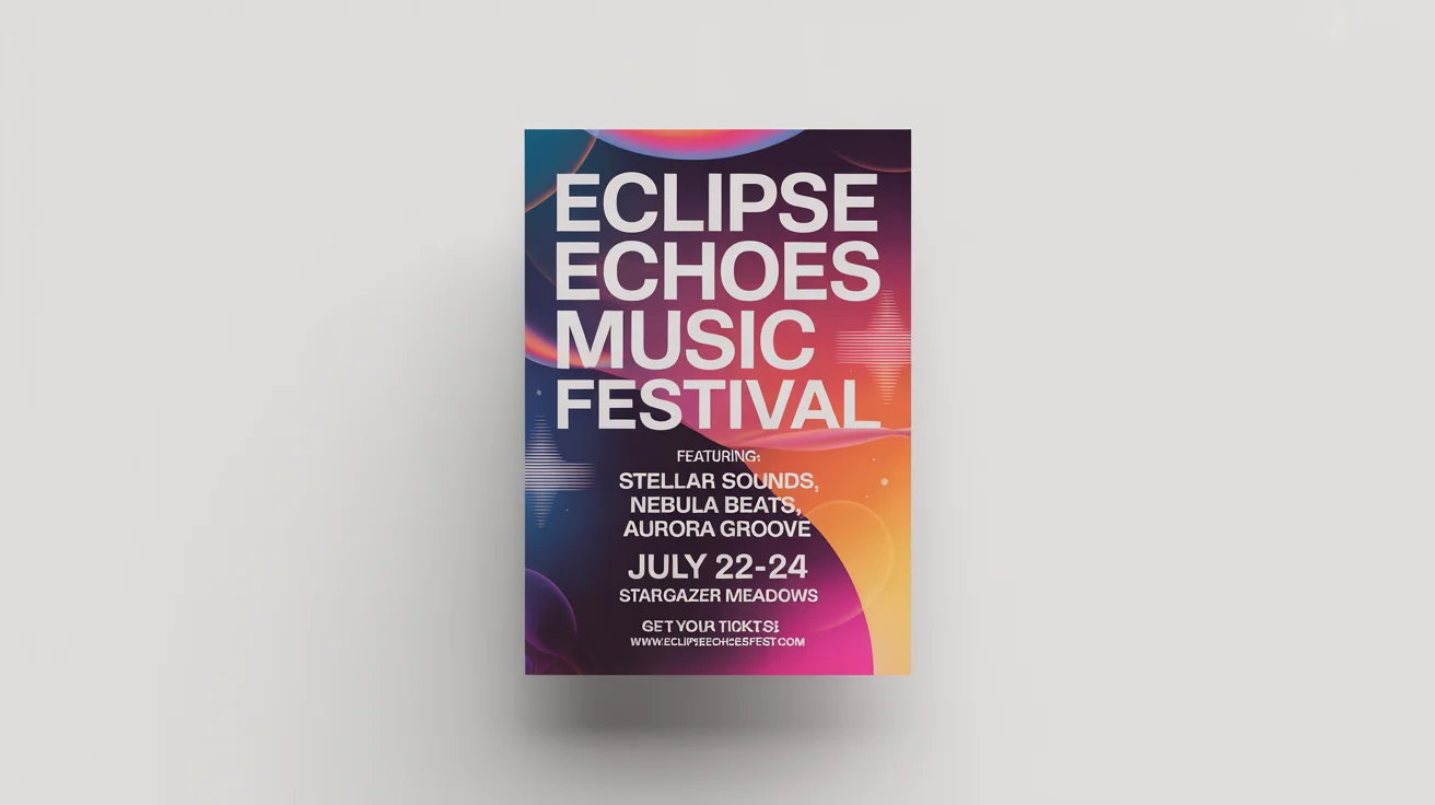 A colorful and modern flyer mockup for the 'Eclipse Echoes Music Festival', showcasing event details and featured artists on a clean white background.