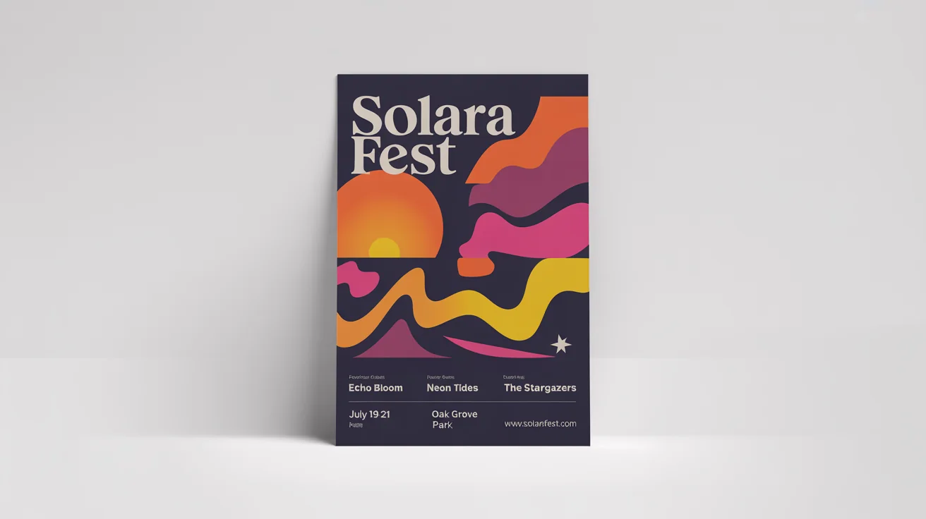 A professionally designed mockup of a vibrant flyer for the 'SOLARA FEST' music festival, featuring abstract shapes, sunset colors, and legible fictional event details, all displayed on a clean white background.