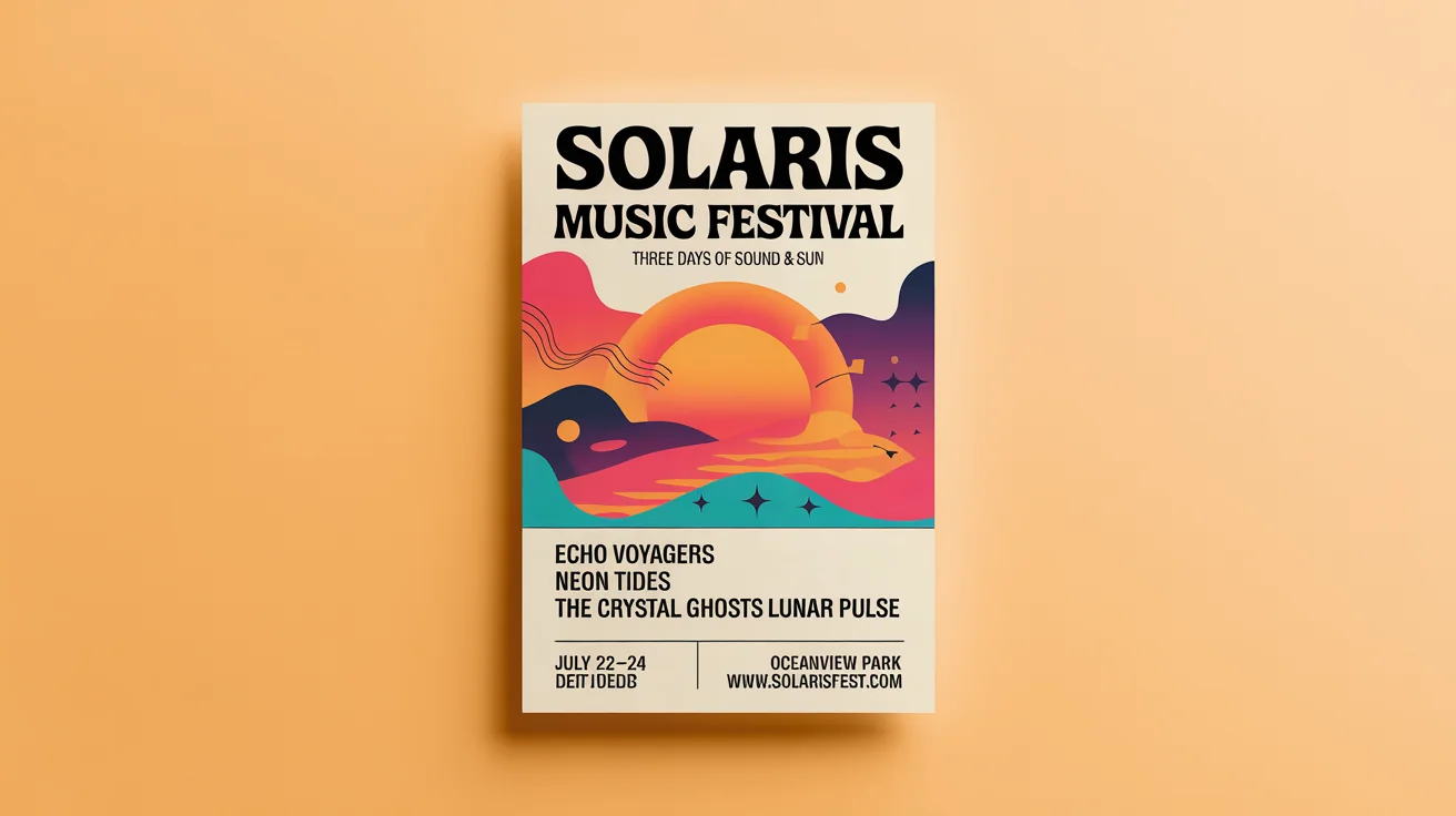 A professionally designed, modern flyer for the 'Solaris Music Festival', featuring vibrant abstract graphics, bold typography, and fictional band names, shown as a mockup on a clean white background.