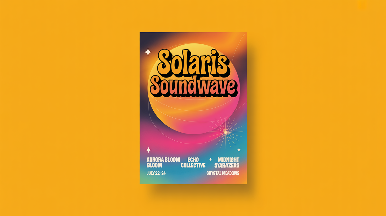 A professional mockup of a vibrant music festival flyer for an event called 'SOLARIS SOUNDWAVE', featuring a colorful abstract design and fictional artist names, displayed against a plain white background.