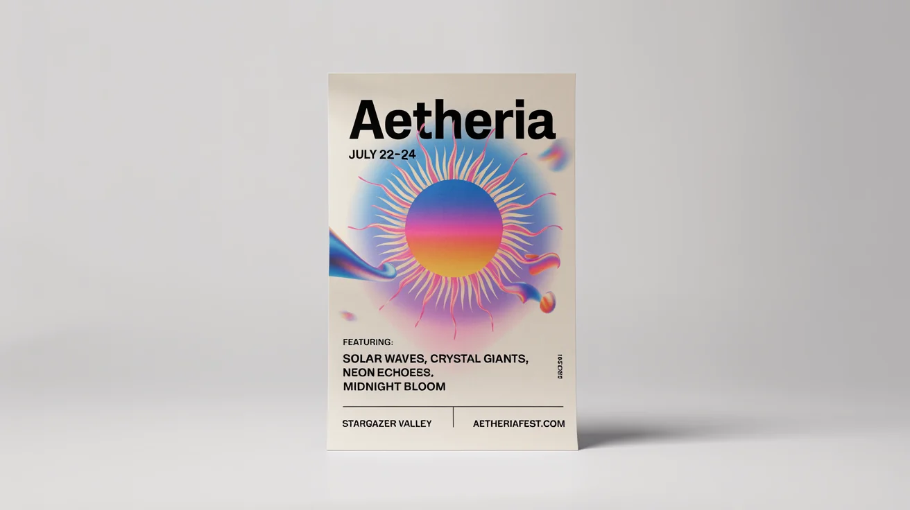 A vibrant mockup of a festival flyer for 'AETHERIA Fest' set against a plain white background. The design features psychedelic colors, a geometric sun, and legible text for the date and artist lineup.
