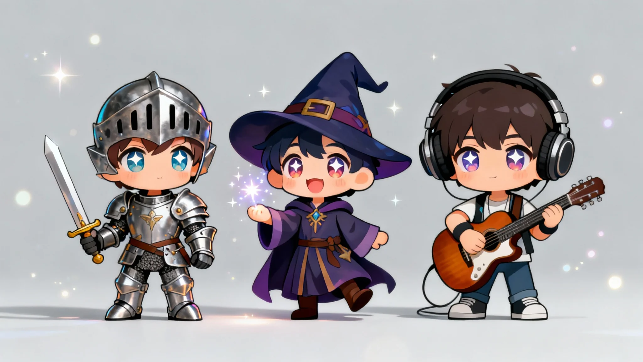 A vibrant hero image displaying three professionally designed chibi characters—a knight, a mage, and a musician—posed dynamically against a clean, minimalist background, showcasing the final output of a character creator tool.