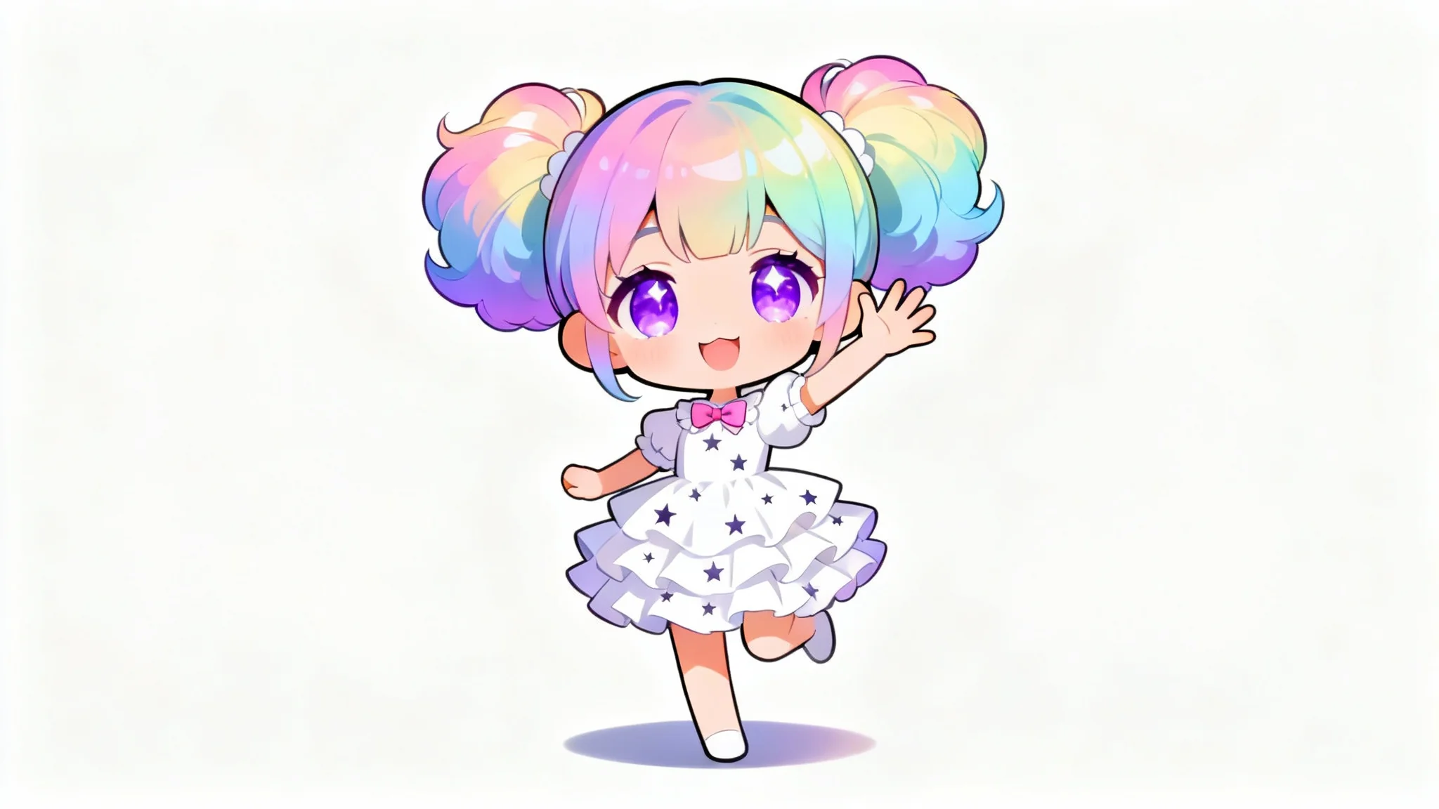 An adorable, digitally illustrated chibi girl with large purple eyes and pastel rainbow hair, wearing a white frilly dress and waving cheerfully against a plain white background.