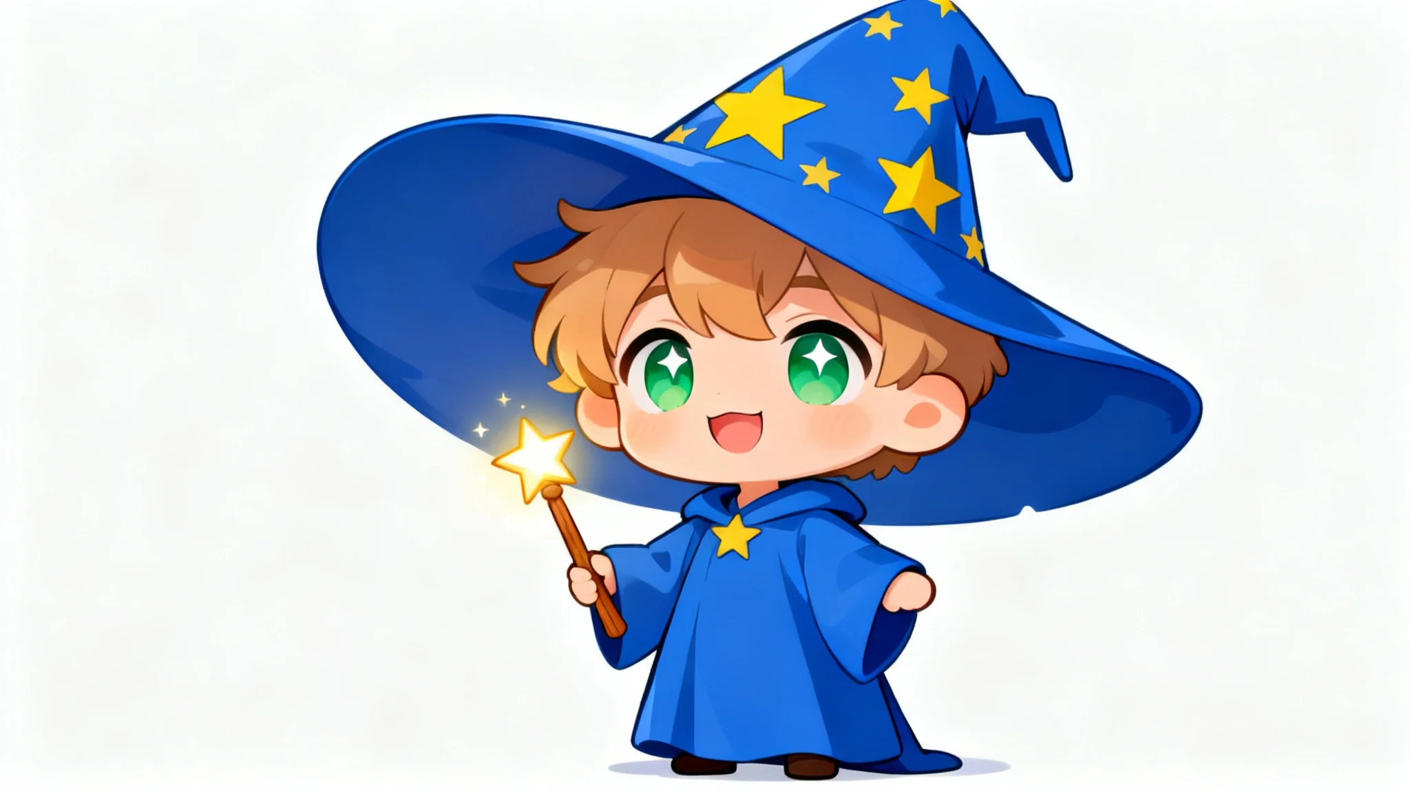 A cute chibi wizard character with brown hair, a blue starry hat, and a magic wand, illustrated in a clean anime style against a white background.